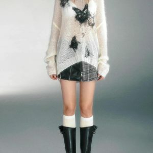 Y2K Butterfly Crochet Sweater: Trendy Grunge Aesthetic for Summer Outfits