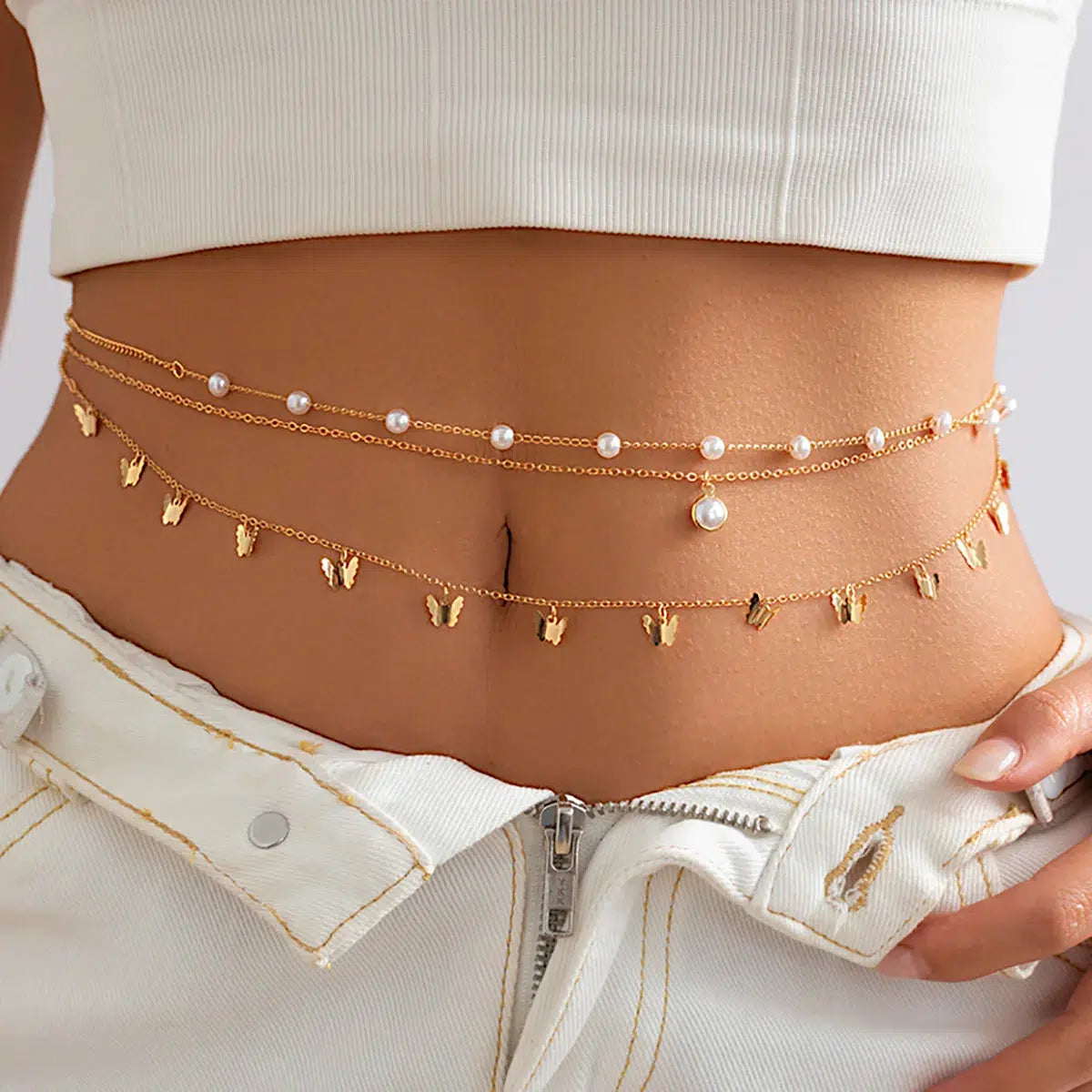 Y2K Butterfly Layered Beaded Belly Chain for Summer Outfits & Festivals