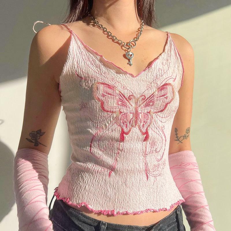 Y2K Butterfly Pink Crop Top - Trendy Summer Outfit for Y2K Aesthetic