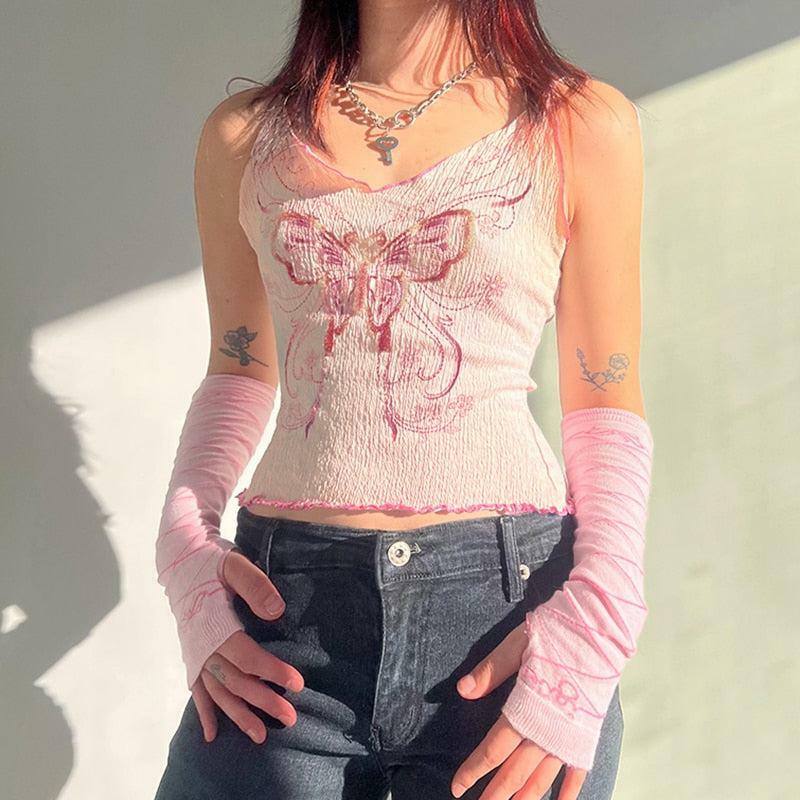 Y2K Butterfly Pink Crop Top - Trendy Summer Outfit for Y2K Aesthetic