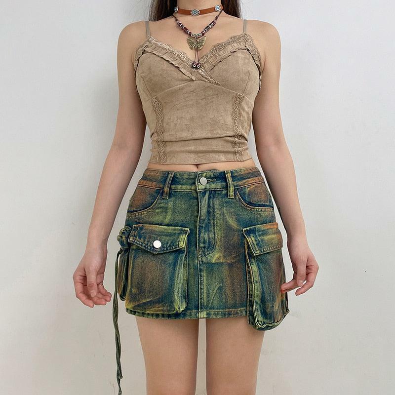 Y2K Cargo Denim Mini Skirt: Trendy 90s Fashion for Summer Outfits