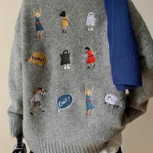 Y2K Cartoon Embroidered Knitted Sweater for Trendy Summer Outfits