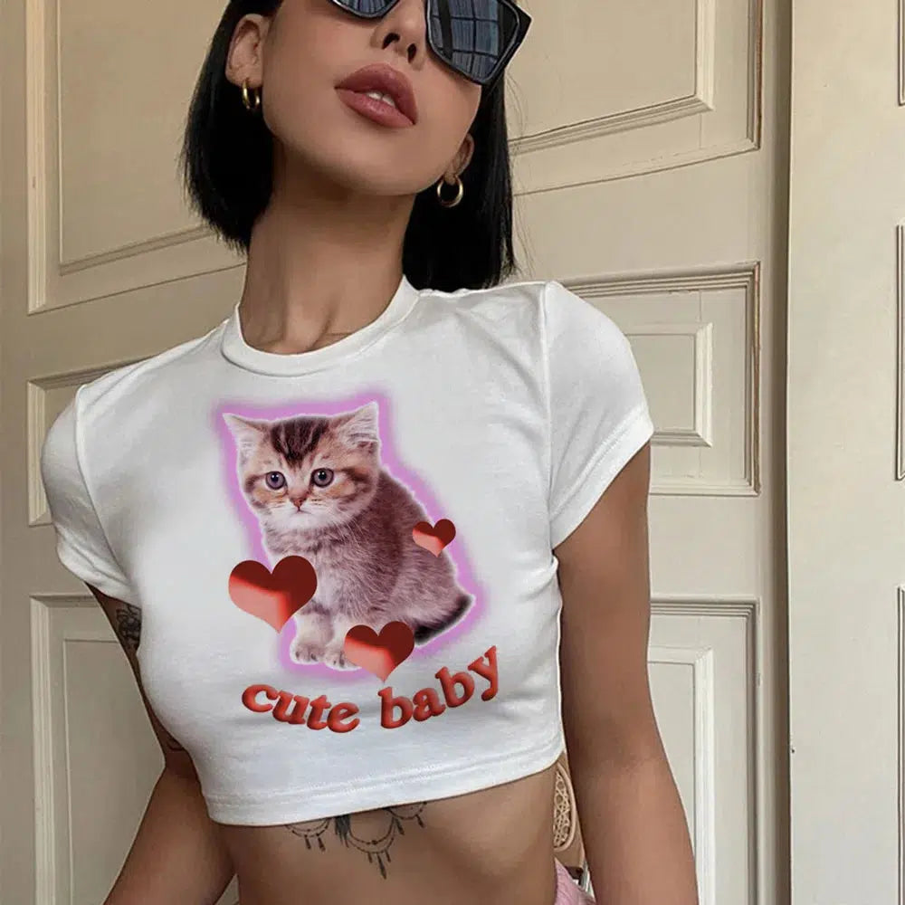 Y2K Cat Baby Tee: Cute Summer Outfit for Grunge and Coquette Aesthetic