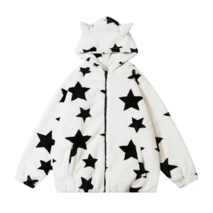 Y2K Cat Ears Star Hoodie - Trendy Grunge Aesthetic Pullover for Summer