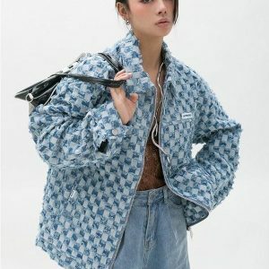 Y2K Checkered Zip Up Jacket: Trendy Grunge Style for Summer Outfits