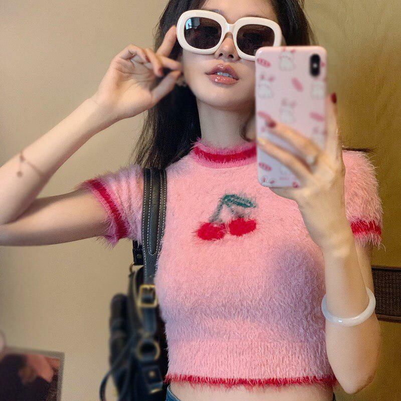 Y2K Cherry Crop Sweater: Trendy Summer Outfit for a Cute Aesthetic