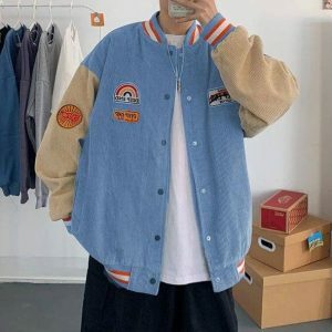 Y2K Corduroy Baseball Jacket: Vintage 90s Grunge Style Outerwear