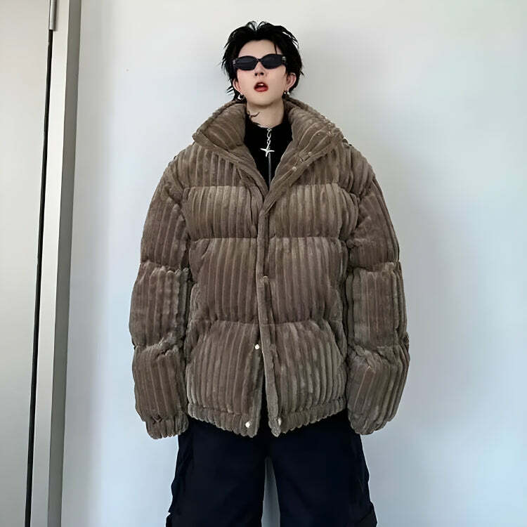 Y2K Corduroy Buttoned Puffer Jacket for Trendy 90s Fashion Vibes