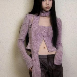 Y2K Corduroy Cropped Cardigan with Scarf - Trendy 90s Fashion Essential