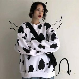 Y2K Cow Print Oversized Sweatshirt for Trendy Summer Outfits