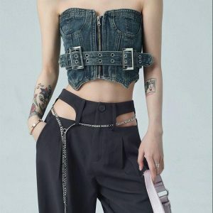 Y2K Cowgirl Crop Denim Tube Top for Trendy Summer Outfits