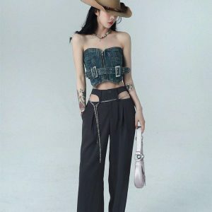 Y2K Cowgirl Crop Denim Tube Top for Trendy Summer Outfits