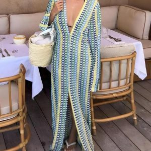 Y2K Crochet Striped Plunge Neck Maxi Dress for Summer Aesthetic Vibes