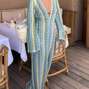 Y2K Crochet Striped Plunge Neck Maxi Dress for Summer Aesthetic Vibes