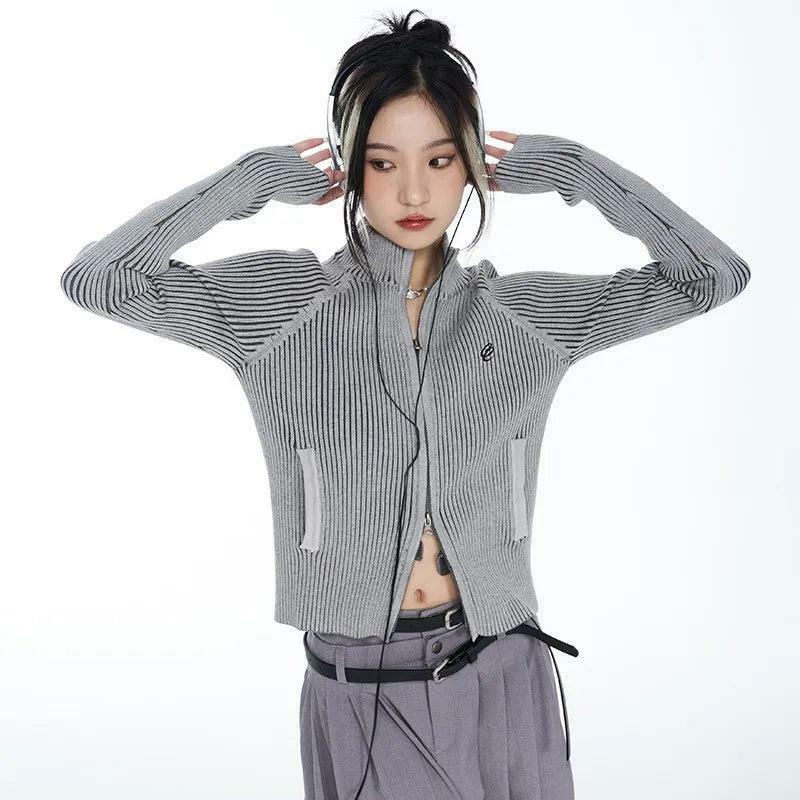 Y2K Cyber Zip-Up Turtleneck Cardigan for Trendy Grunge Outfits