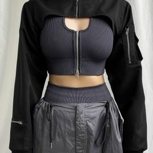 Y2K Cyberpunk Bolero Jacket: Edgy Layering for Grunge & 2000s Fashion