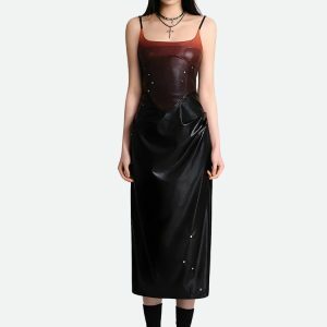 Y2K Cyberpunk Faux Leather Midi Dress for Edgy Summer Outfits