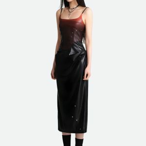 Y2K Cyberpunk Faux Leather Midi Dress for Edgy Summer Outfits