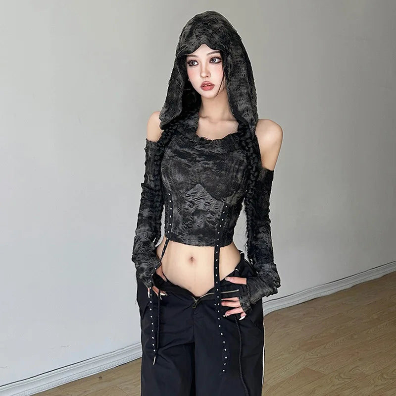 Y2K Cyberpunk Off Shoulder Hooded Top for Trendy Summer Outfits