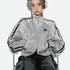 Y2K Cyberpunk Reflective Double Zip-Up Jacket for Trendy Outfits