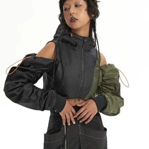 Y2K Cyberpunk Ruched Sleeve Puffer Jacket for Trendy Winter Style