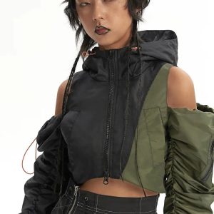 Y2K Cyberpunk Ruched Sleeve Puffer Jacket for Trendy Winter Style