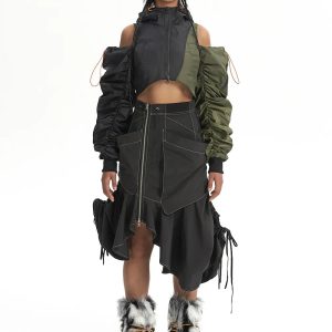 Y2K Cyberpunk Ruched Sleeve Puffer Jacket for Trendy Winter Style