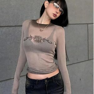 Y2K Cyberpunk Sheer Top with Sigil Design for Trendy Aesthetic Looks