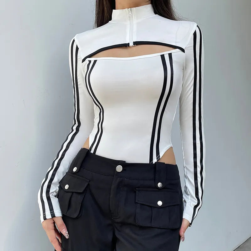 Y2K Cyberpunk Striped Cut-Out Bodysuit for Trendy Summer Outfits