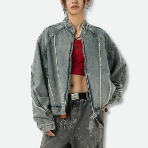 Y2K Cyberpunk Zip-Up Denim Jacket for Trendy Summer Outfits