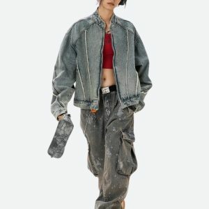 Y2K Cyberpunk Zip-Up Denim Jacket for Trendy Summer Outfits