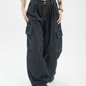 Y2K Dark Wash Cargo Jeans: Trendy Grunge Style for Effortless Outfits