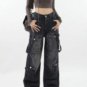 Y2K Dark Wash Cargo Pants with Belt - Trendy Grunge Style Essential