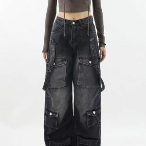 Y2K Dark Wash Cargo Pants with Belt - Trendy Grunge Style Essential