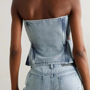 Y2K Denim Cut Out Tube Top & Patchwork Jeans Two-Piece Outfit Set