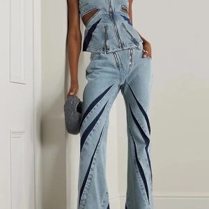 Y2K Denim Cut Out Tube Top & Patchwork Jeans Two-Piece Outfit Set