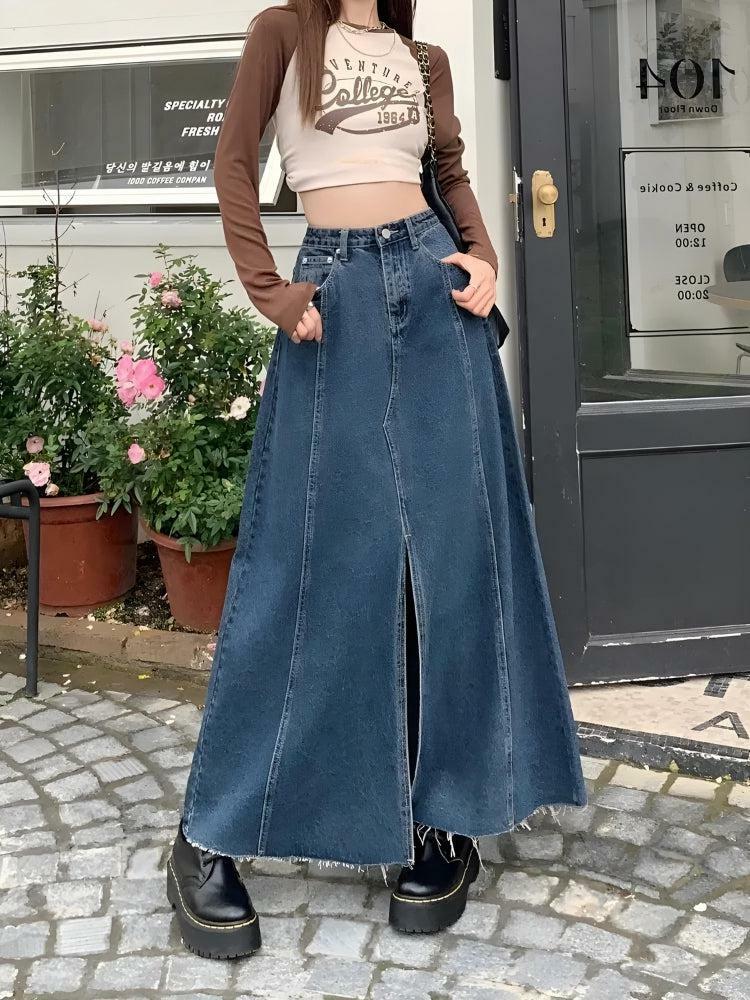 Y2K Denim Slit Frayed Hem Maxi Skirt for Trendy Summer Outfits