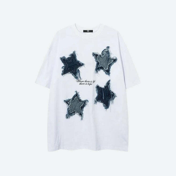 Y2K Denim Star Patchwork Tee: Trendy 90s Fashion for Effortless Style