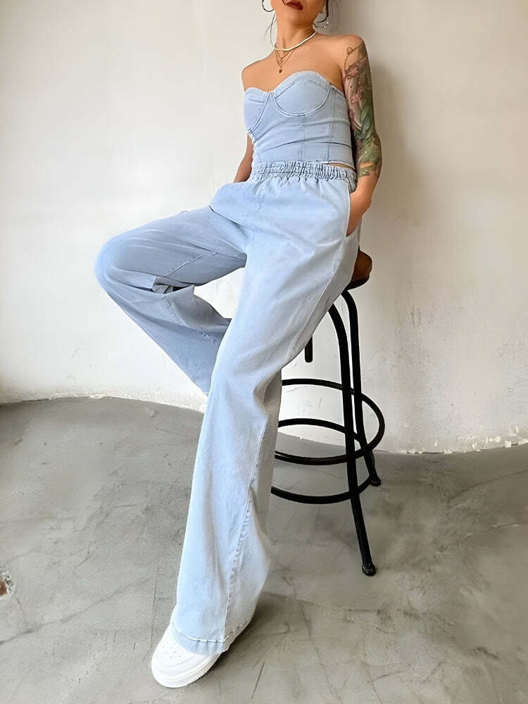 Y2K Denim Top & Baggy Pants Two Piece Set for Effortless Summer Style