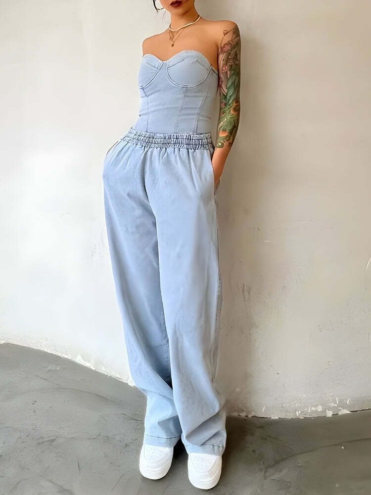 Y2K Denim Top & Baggy Pants Two Piece Set for Effortless Summer Style