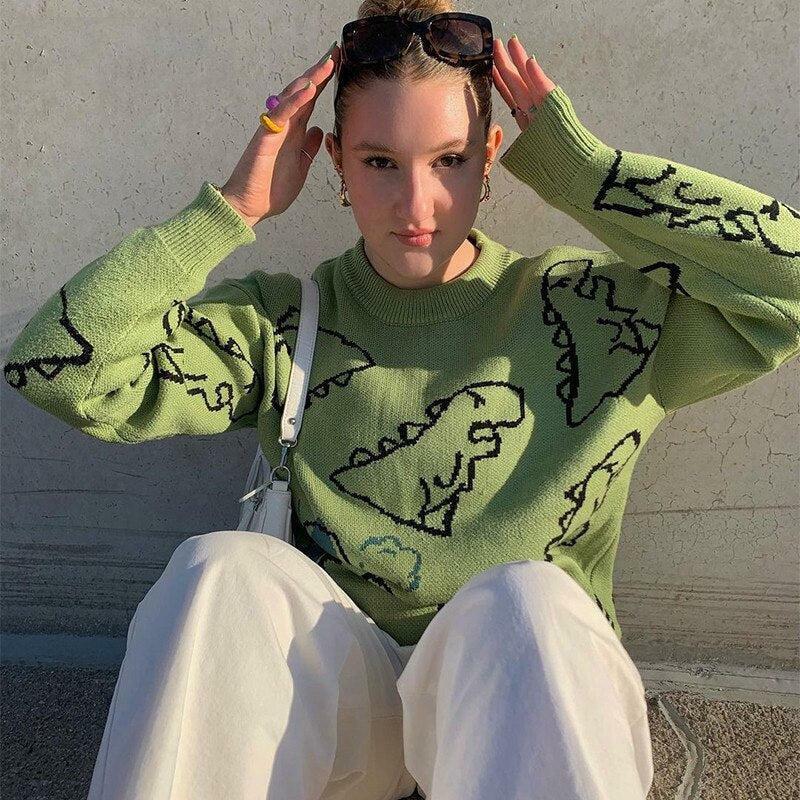 Y2K Dinosaur Knitted Sweater: Trendy Grunge Aesthetic for Cozy Vibes