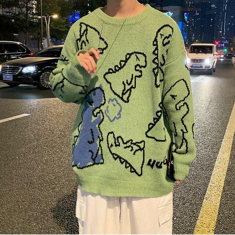 Y2K Dinosaur Knitted Sweater: Trendy Grunge Aesthetic for Cozy Vibes