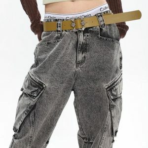 Y2K Distressed Cargo Jeans with Big Pockets for Trendy Summer Outfits