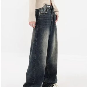 Y2K Distressed Wide Leg Jeans with Pockets for Trendy Summer Outfits