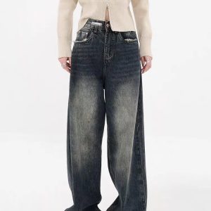 Y2K Distressed Wide Leg Jeans with Pockets for Trendy Summer Outfits