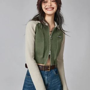 Y2K Double Zip-Up Crop Cardigan for Trendy Summer Outfits