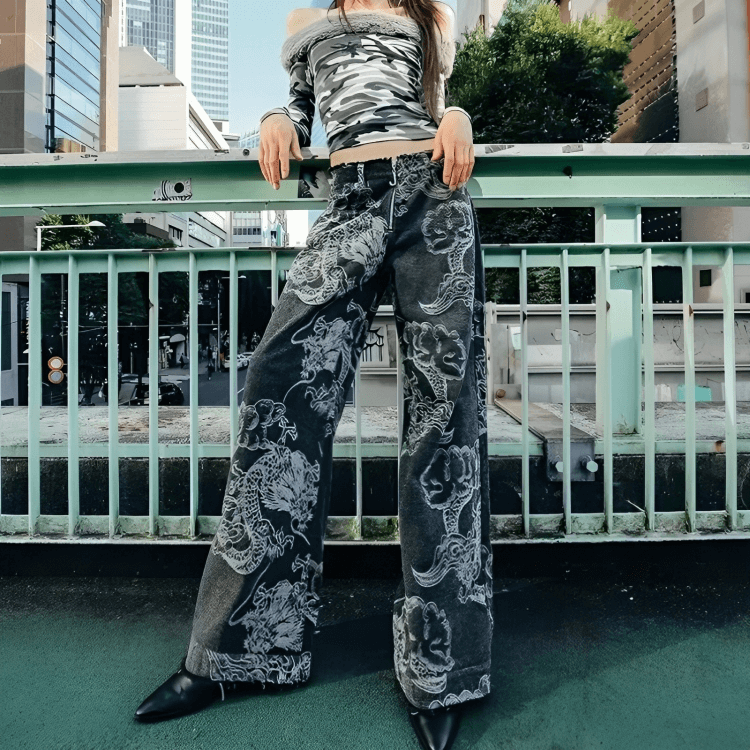 Y2K Dragon Printed Baggy Jeans for Trendy Summer Outfits