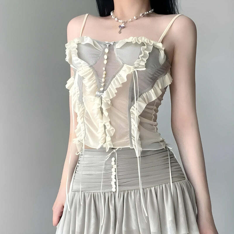 Y2K Fairycore Ruffled Mesh Corset Top for Aesthetic Summer Outfits