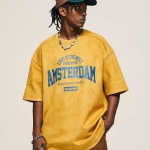 Y2K Fashion Amsterdam Suede Tee: Trendy Grunge Aesthetic Top