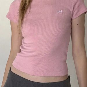 Y2K Fashion Bow Basic Tee: Trendy Summer Outfit for Effortless Style